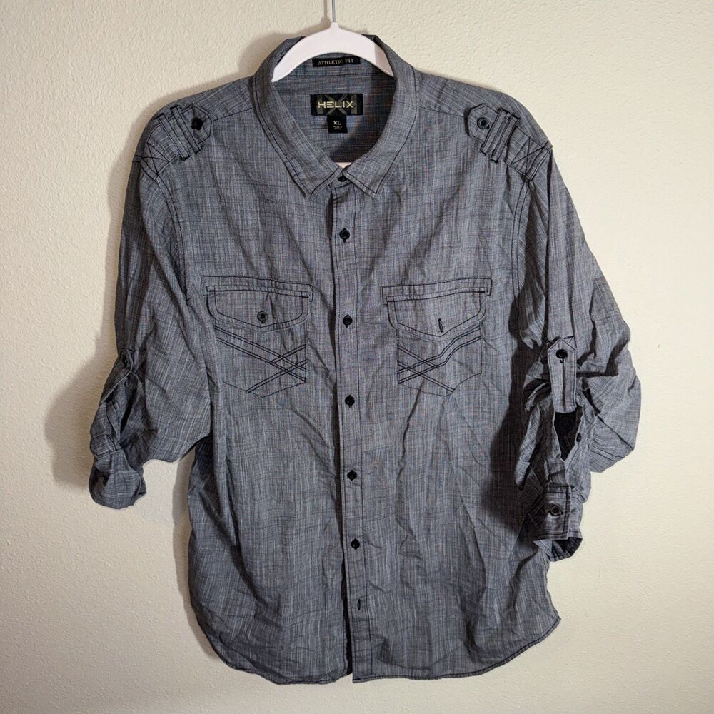 Helix Mens Shirt Large Long Sleeves Button Down Athletic Fit Gray Pockets Cotton
